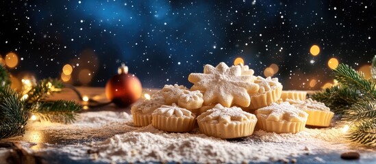Poster - Abstract background of Christmas food featuring cookie molds and flour. with copy space image. Place for adding text or design