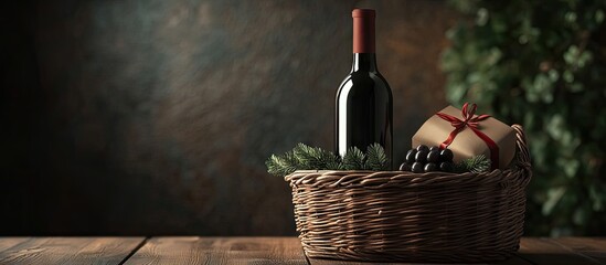 Aufkleber - Wicker basket containing a bottle of wine and a gift box on a table Area for design. with copy space image. Place for adding text or design
