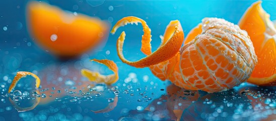 Poster - Macro shot of citrus fruit peel against a blue background Artistic image featuring a vase made of mandarin peel Close up texture with an orange A concept for decorative food Soft focus Copy space
