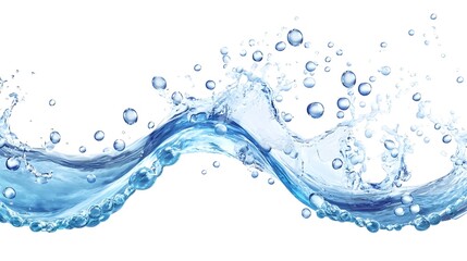 Wall Mural - Blue Water Splash with Bubbles on White Background