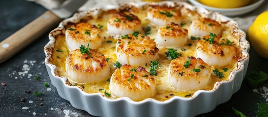 Aufkleber - Scallops au gratin baked in the oven with parsley and lemon. with copy space image. Place for adding text or design