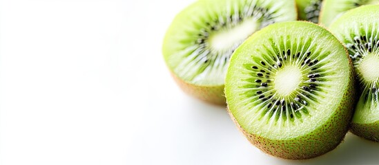 Wall Mural - Freshly sliced kiwi fruit on a white background Room for text Vertical image. with copy space image. Place for adding text or design