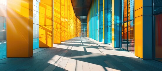 Wall Mural - Sunlight and shadow on a yellow wall of a modern office building set against a blue sky exterior architecture background design concept. with copy space image. Place for adding text or design