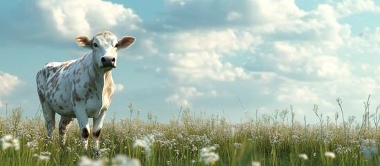 Canvas Print - Meadow clear sky and cow. with copy space image. Place for adding text or design