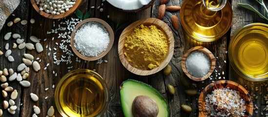 Aufkleber - Various cooking oils and ingredients arranged on a wooden table Area for text. with copy space image. Place for adding text or design