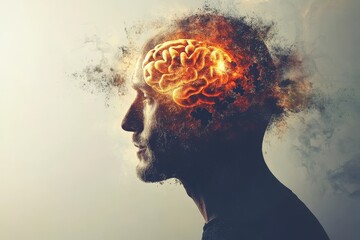 Canvas Print - Synaptic plasticity Reasoning Side profile of a man with a burning brain symbolizing mental exhaustion the relentless pursuit of ideas and the destructive power of overthinking