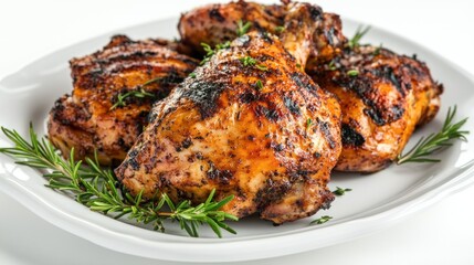 Whole roast chicken on white plate with white background.