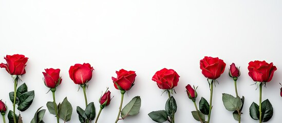 Aufkleber - Red rose flowers create a framed composition on a white background from a top view with copy space This concept is suitable for Valentine s Day birthdays weddings and Mother s Day Copy space