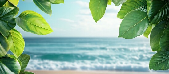 Wall Mural - Green leaves against a backdrop of the sea Front view. with copy space image. Place for adding text or design