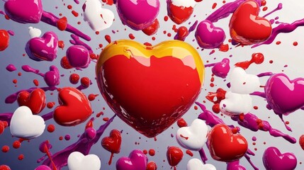 A collection of glossy hearts in various colors including red, white, purple, and pink, splashed against a grey backdrop, creating a bold and striking visual representation of love and joy.