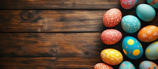 Poster - Easter greeting card featuring colorful Easter eggs on a wooden background Top view flat lay with room for your greetings. with copy space image. Place for adding text or design