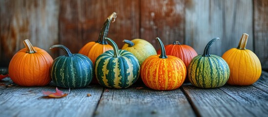 A closeup of different pumpkins on a wooden surface with room for your text autumn themed backdrop. with copy space image. Place for adding text or design