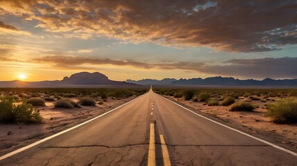 The open road through a desert at sunset with across the path, symbolizing new adventures and the start of a quest.