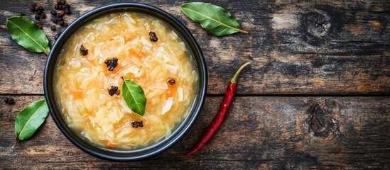 Fototapete - Sauerkraut soup in a bowl accompanied by black fried red pepper and bay leaves Captured from above on rustic wood Copy space