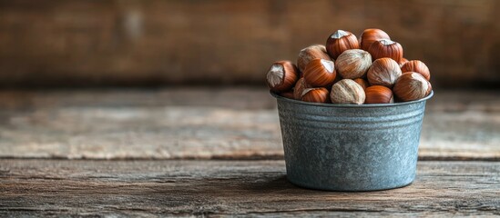 Aufkleber - Hazelnuts in a metal cup on a wooden surface in a rustic design Raw hazelnuts. with copy space image. Place for adding text or design