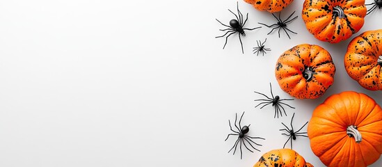 Poster - Halloween decoration backdrop featuring pumpkins and spiders on a white table surface top view copy space