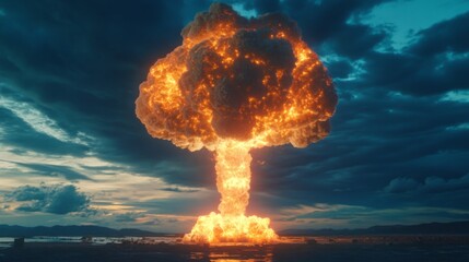 Another perspective of a massive explosion generating a fiery mushroom cloud in the sky, underlining the themes of immense power, catastrophic events, and devastating consequences.