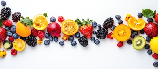 Wall Mural - Vibrant summer fruits border a white background from a top view with copy space