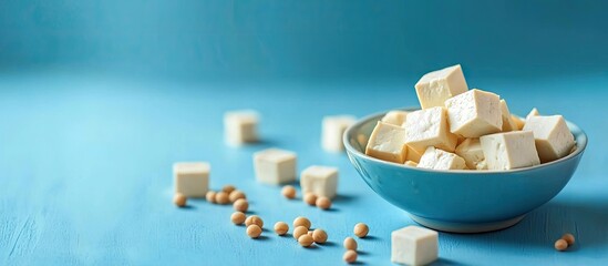 Poster - Tofu cubes accompanied by soybeans on a blue kitchen table with copyspace