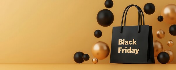 Black Friday mock-up, golden shopping spree scene with floating price cuts, 3D illustration