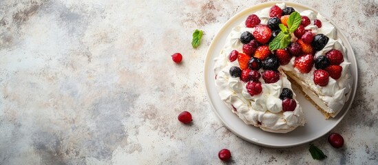 Leinwandbilder - Homemade Pavlova on a plate with one piece taken placed on a speckled countertop. with copy space image. Place for adding text or design