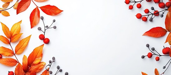 Autumn arrangement Design featuring leaves and rowan on a white backdrop Autumn fall Thanksgiving Day theme Flat lay top view copyspace