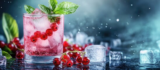 Fototapete - Fresh currant cocktail A refreshing summer drink featuring red currants and ice cubes Glass of red currant mojito. with copy space image. Place for adding text or design