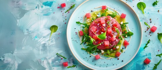 Poster - Tuna tartare with watermelon and greens on a light blue background Top view copy space