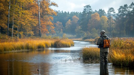 Man catching fish by pulling out rod while fishing in lake or pond. Fisherman with rod, spinning rod on river bank. Wildlife. Leisure and recreation.