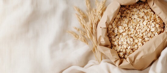 Fototapete - Dry natural oat flakes Oatmeal in an eco friendly paper bag Natural linen backdrop featuring the eco bag and oat flakes. with copy space image. Place for adding text or design