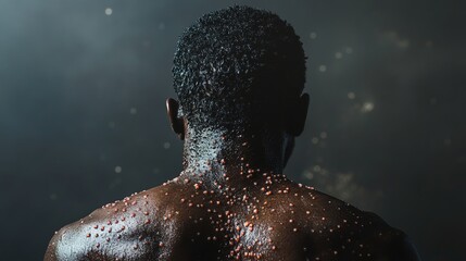 A detailed view of a dark-skinned individual's back displaying a monkeypox skin rash.
