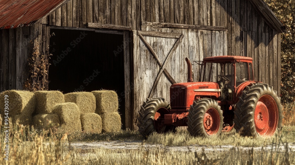 Red tractor parked by wooden barn with hay bales, capturing rural farm ...