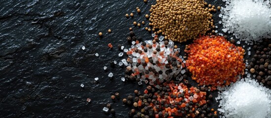 Poster - Salt and spices spread out on a black background top view. with copy space image. Place for adding text or design