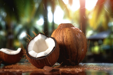 Fresh Tropical Coconut Halves on Green Foliage Background . A coconut on a wooden kitchen table illuminated by window light