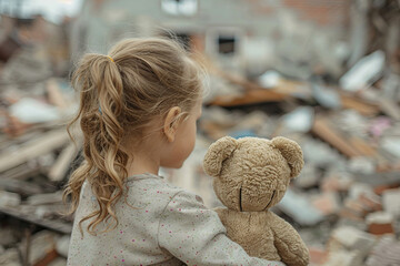 Canvas Print - Sad crying victim child person in ruined building destruction war conflict civil crime war zone, Generative AI