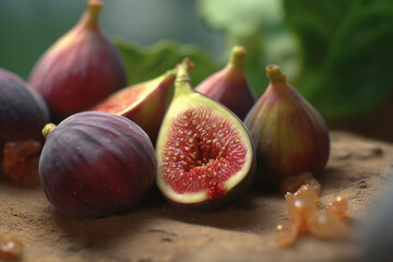 Close-up of a bunch of green figs, fresh fruits. The fruits are arranged in a row. The figs are ripe and plump, with a dark green hue