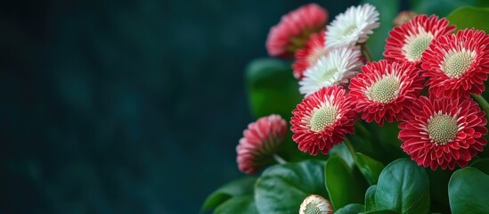Poster - A cluster of blooming red and white bellis perennis also known as English daisies with copy space