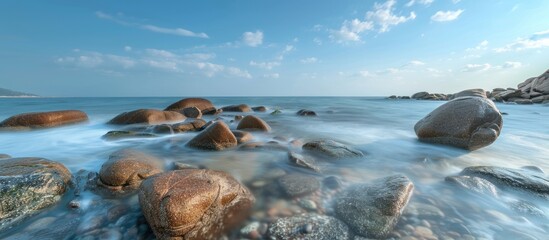 Poster - Two large boulders in shallow blue ocean water long exposure image. with copy space image. Place for adding text or design