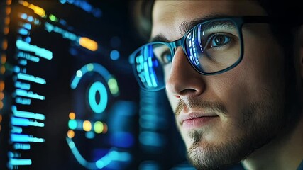 Programmer programming cybersecurity and IT. Futuristic software and hardware , coding hologram, man thinking about data analytics, digital technology