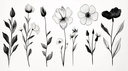 Wall Mural - A collection of hand-painted, black linear flowers