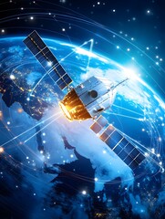 Wall Mural - Satellite Orbiting Earth with Network Connections.