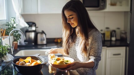 Girl prepares fresh salad with vegetables. Vegetable salad. Diet food. Healthy food. Vegetarianism.