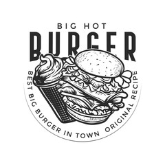 Big hot burger vintage logo silhouette for restaurant or cafe menus.	