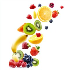 Wall Mural - Flying different fresh fruits in air on white background. Falling fruits mix multifruit