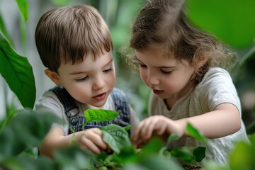 Two young children exploring nature, surrounded by lush green plants. Curiosity and learning through a hands-on experience.