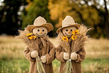 two adorable scarecrows holding bundles of wheat and sunflowers in a grassy field, celebrating the a