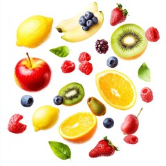 Wall Mural - Flying different fresh fruits in air on white background. Falling fruits mix multifruit