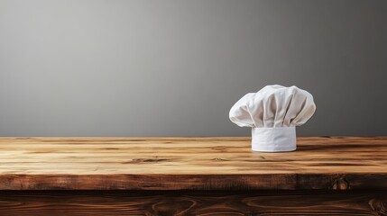 Chef's hat and an empty wooden table