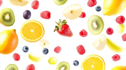 Wall Mural - Flying different fresh fruits in air on white background. Falling fruits mix multifruit