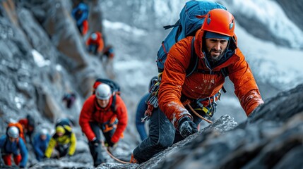 Mountaineering. Rocks. Rock climbing. Mountains. Mountaineers climb a rock. People with equipment overcome a difficult mountain route. Adventures. Tourism. Hiking with a backpack in the mountains.